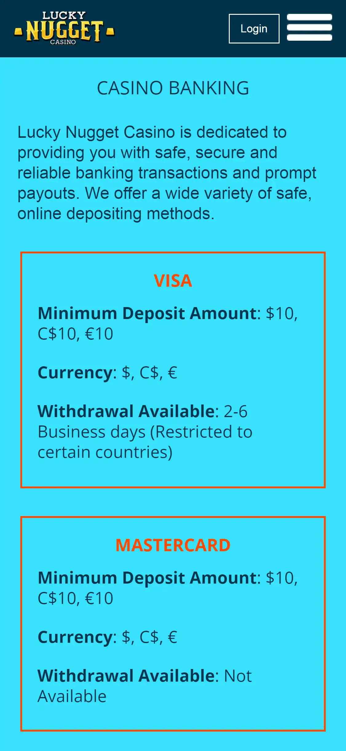 Lucky Nugget Casino Mobile Payment Methods Review